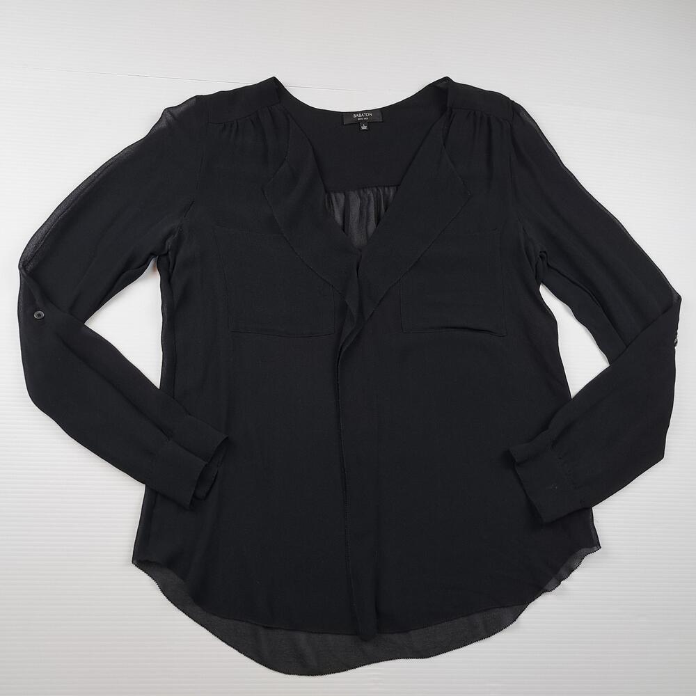 Babaton Shirt Womens Small Black 100% Silk V Neck Roll Tab Blouse Top Sheer